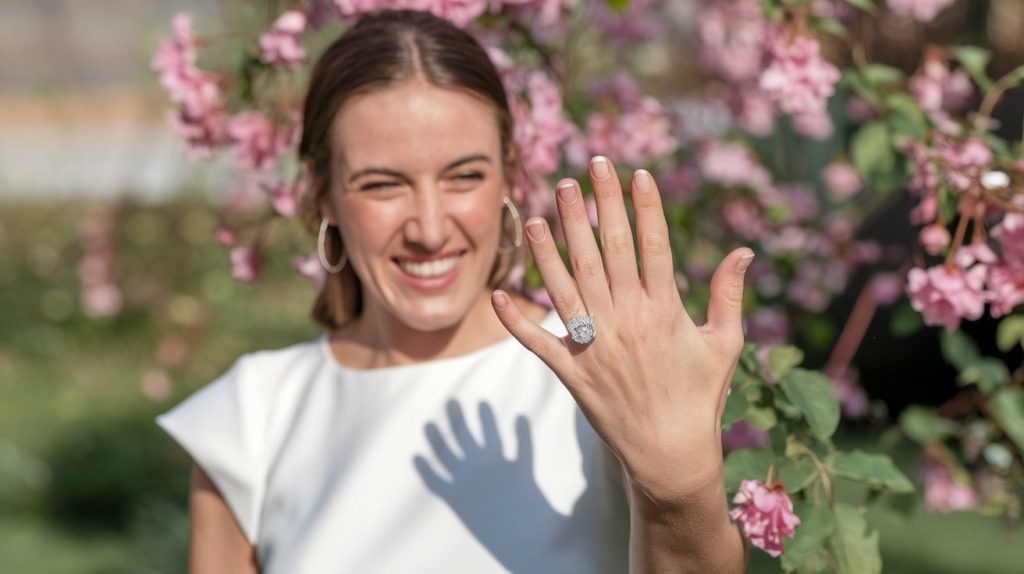 A joyful woman displaying her diamond ring